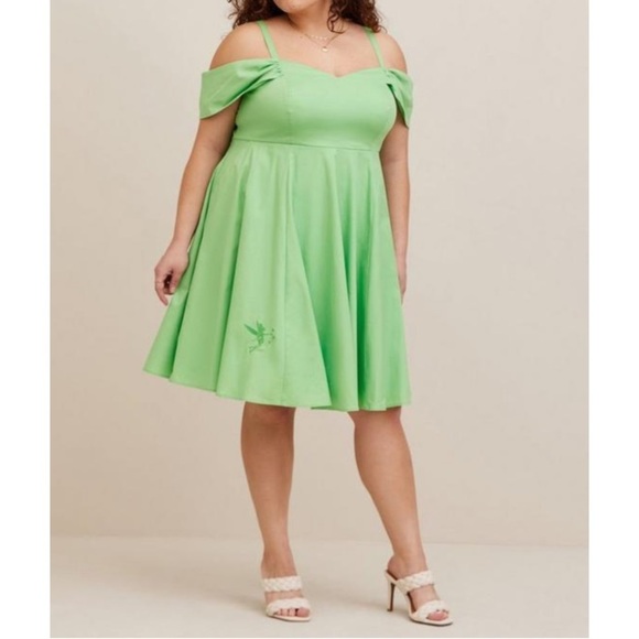 TORRID NWT DISNEY TINKERBELL STRETCH POPLIN OFF SHOULDER DRESS HALLOWEEN COSTUME - Picture 2 of 6